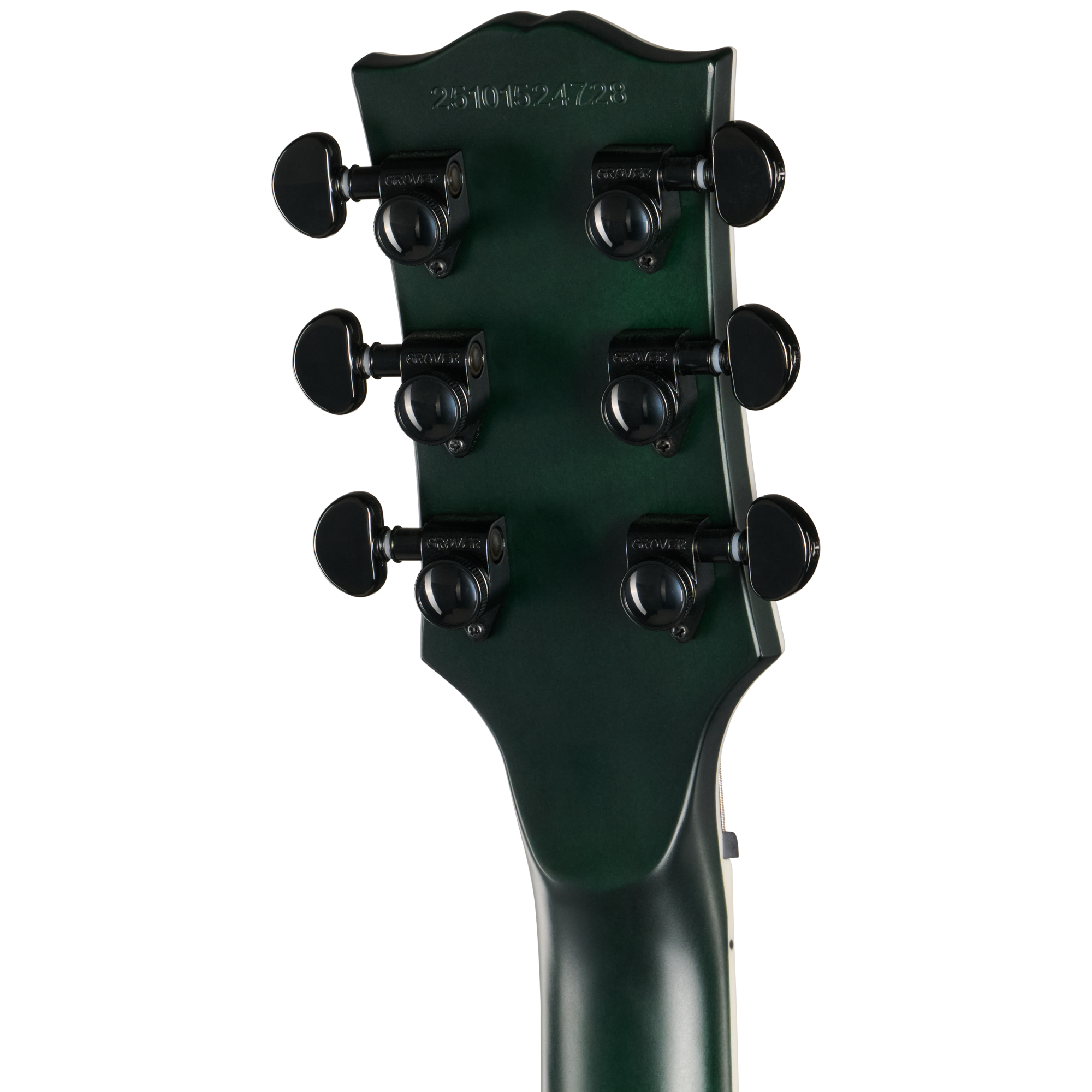 Gitarrenkopf, dunkelgrün, Stimmmechaniken, sechs Saiten, schwarze Hardware